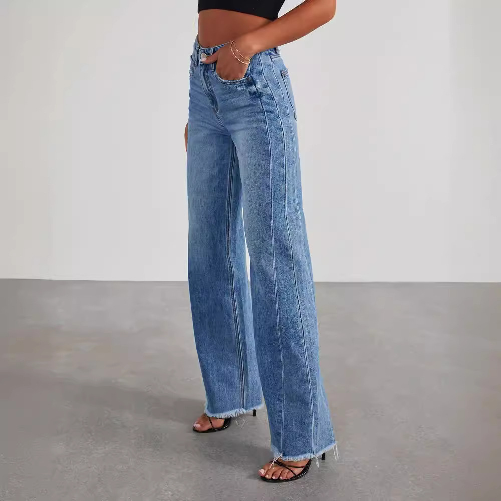 Dames Hoge Taille Denim Jeans | Trendy Wijd-Pijpen Casual Broek 3