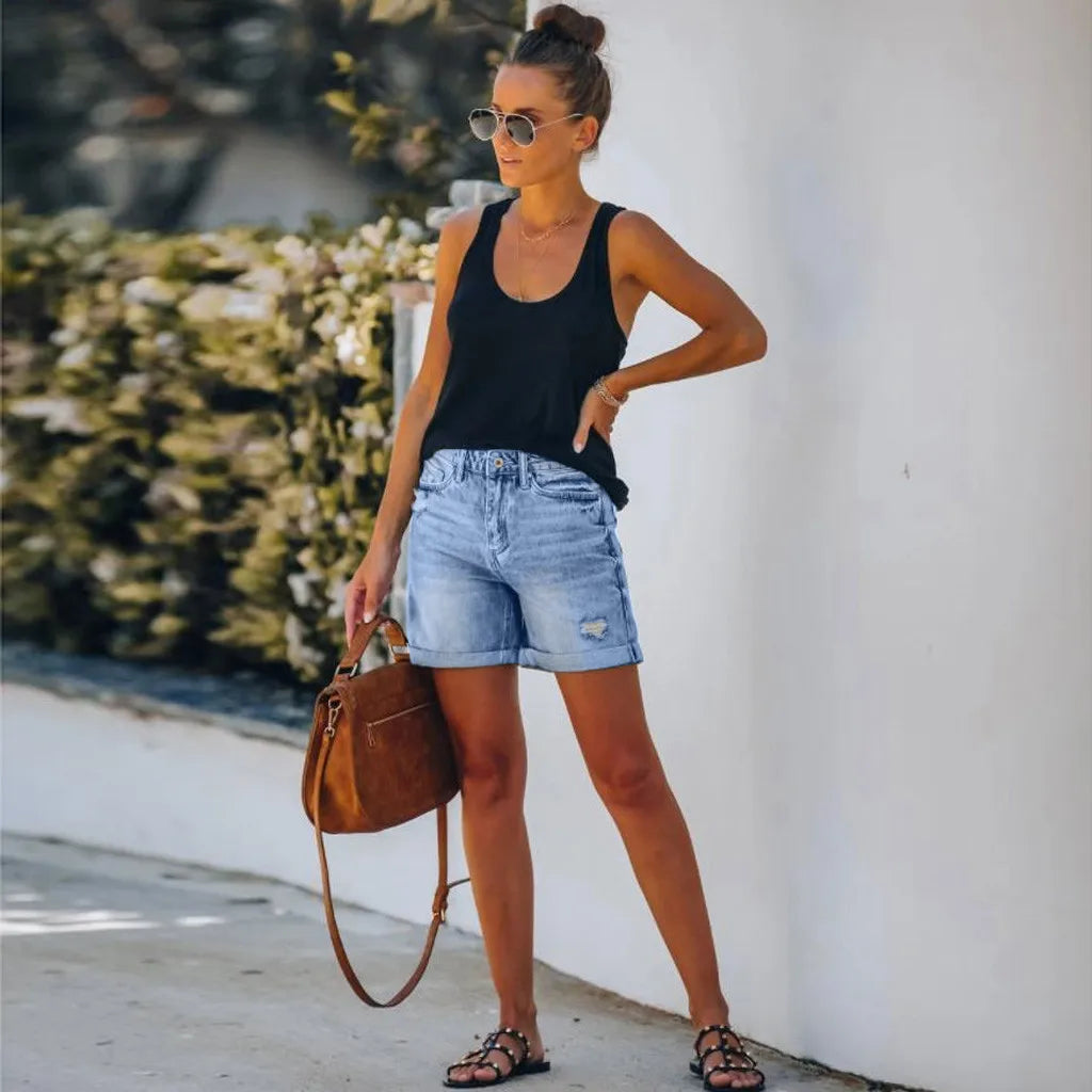 Dames Hoge Taille Denim Shorts | Casual Verweerd Korte Broek voor Zomer 0