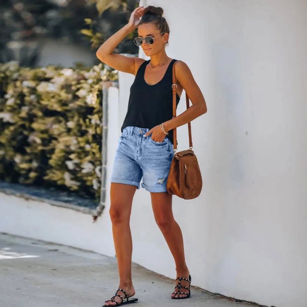 Dames Hoge Taille Denim Shorts | Casual Verweerd Korte Broek voor Zomer 1