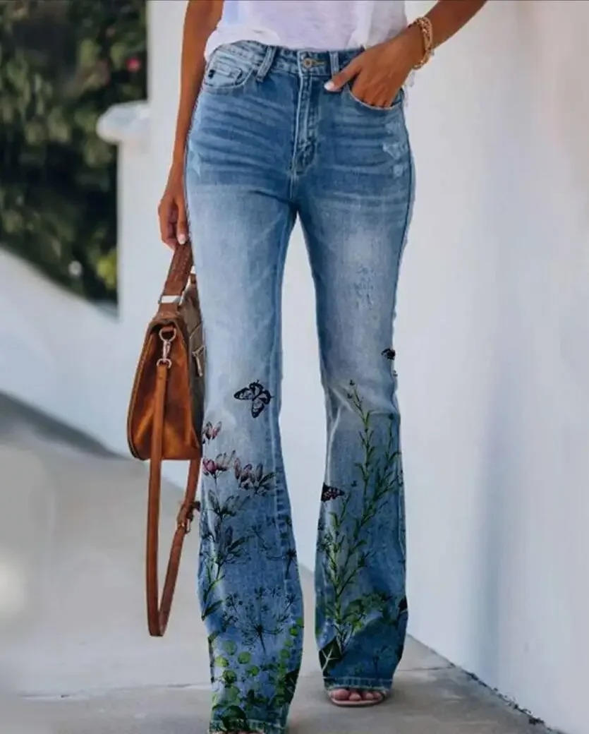 Dames Hoge Taille Spijkerbroek | Trendy Flared Jeans met Botanische Bloemenprint 0