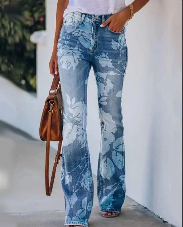 Dames Hoge Taille Spijkerbroek | Trendy Flared Jeans met Botanische Bloemenprint 2