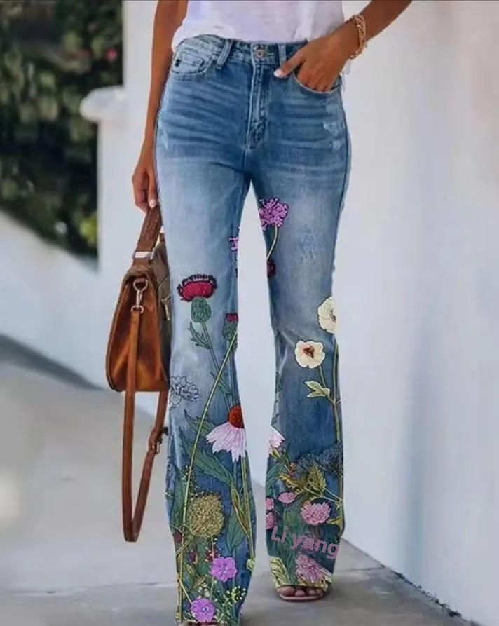 Dames Hoge Taille Spijkerbroek | Trendy Flared Jeans met Botanische Bloemenprint 3