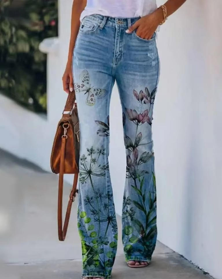 Dames Hoge Taille Spijkerbroek | Trendy Flared Jeans met Botanische Bloemenprint 4