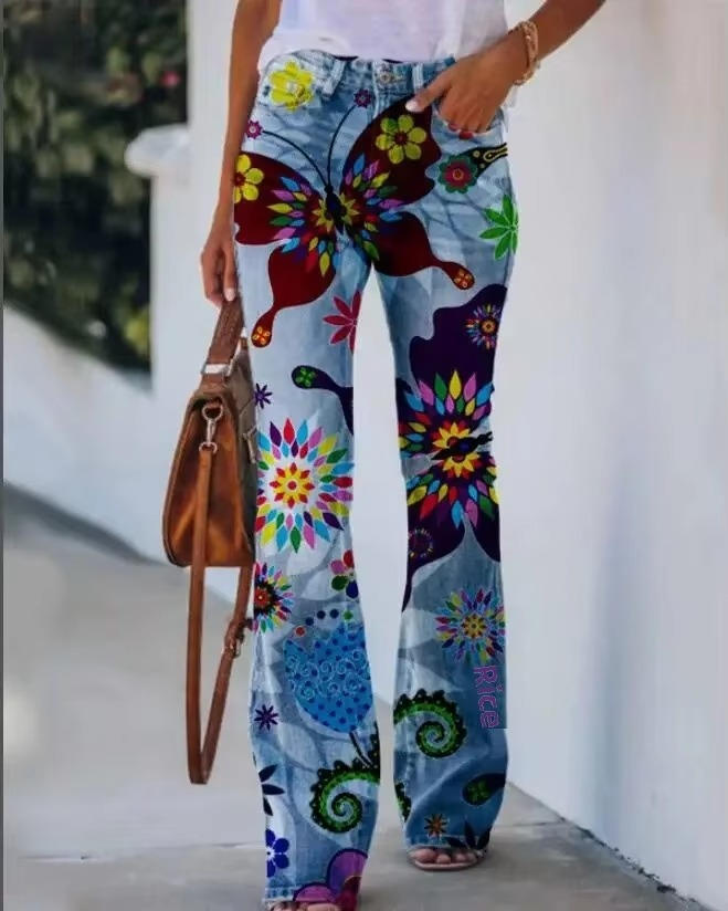 Dames Hoge Taille Spijkerbroek | Trendy Flared Jeans met Botanische Bloemenprint 5
