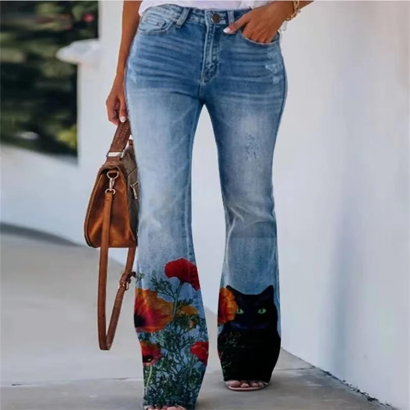 Dames Hoge Taille Spijkerbroek | Trendy Flared Jeans met Botanische Bloemenprint 6