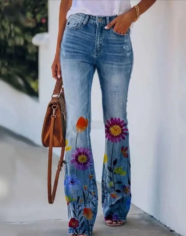 Dames Hoge Taille Spijkerbroek | Trendy Flared Jeans met Botanische Bloemenprint 7