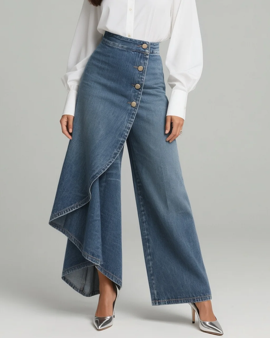 Dames Hoge Taille Wikkelbroek | Modieuze Wijde Pijpen met Asymmetrisch Ontwerp 0