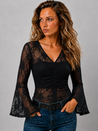 Dames Kanten Blouse | Transparante V-Hals Top met Lange Klokmouwen | Elegant en Modern 0
