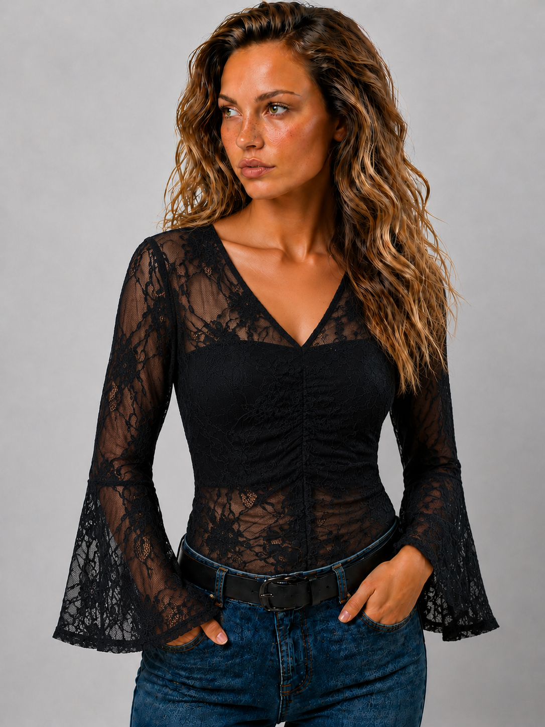 Dames Kanten Blouse | Transparante V-Hals Top met Lange Klokmouwen | Elegant en Modern 0