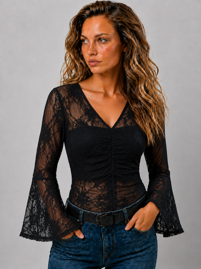 Dames Kanten Blouse | Transparante V-Hals Top met Lange Klokmouwen | Elegant en Modern 0