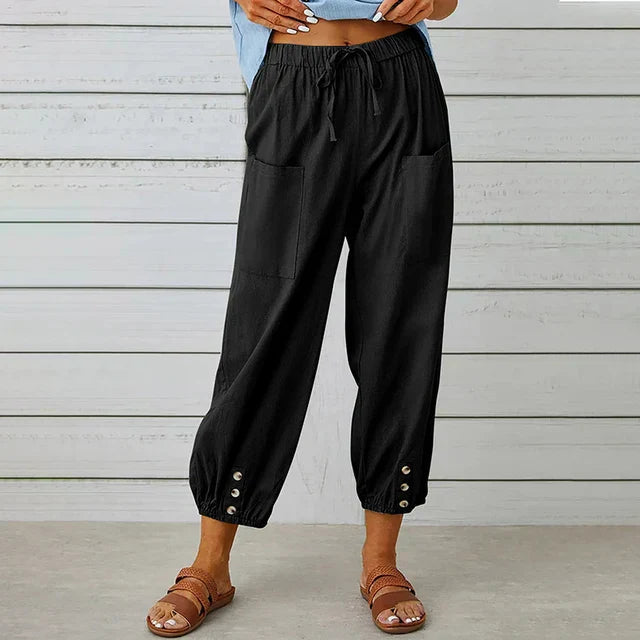 Dames Katoenen Hoge Taille Broek | Comfortabele Zwarte Losse Casual Trousers met Elastische Band 0
