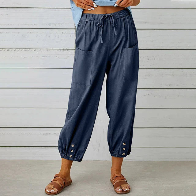 Dames Katoenen Hoge Taille Broek | Comfortabele Zwarte Losse Casual Trousers met Elastische Band 1