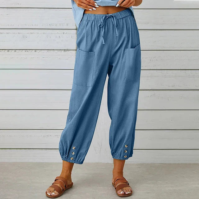 Dames Katoenen Hoge Taille Broek | Comfortabele Zwarte Losse Casual Trousers met Elastische Band 2