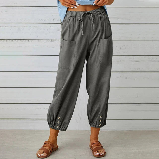 Dames Katoenen Hoge Taille Broek | Comfortabele Zwarte Losse Casual Trousers met Elastische Band 3