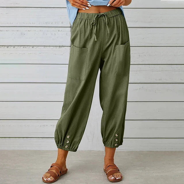 Dames Katoenen Hoge Taille Broek | Comfortabele Zwarte Losse Casual Trousers met Elastische Band 4