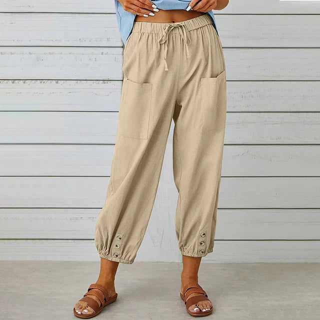Dames Katoenen Hoge Taille Broek | Comfortabele Zwarte Losse Casual Trousers met Elastische Band 5
