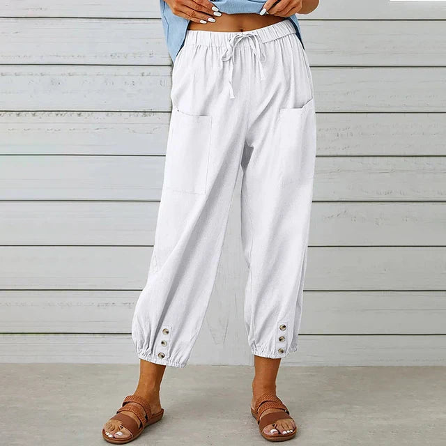 Dames Katoenen Hoge Taille Broek | Comfortabele Zwarte Losse Casual Trousers met Elastische Band 6
