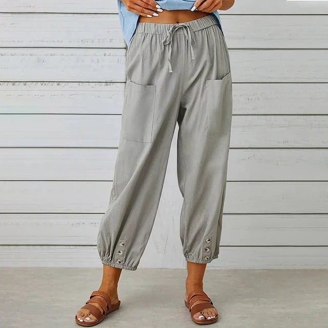 Dames Katoenen Hoge Taille Broek | Comfortabele Zwarte Losse Casual Trousers met Elastische Band 7