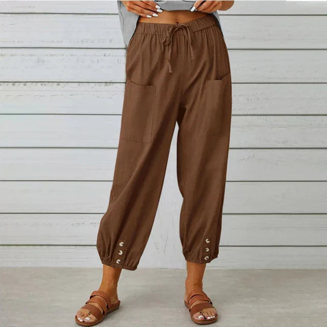 Dames Katoenen Hoge Taille Broek | Comfortabele Zwarte Losse Casual Trousers met Elastische Band 9
