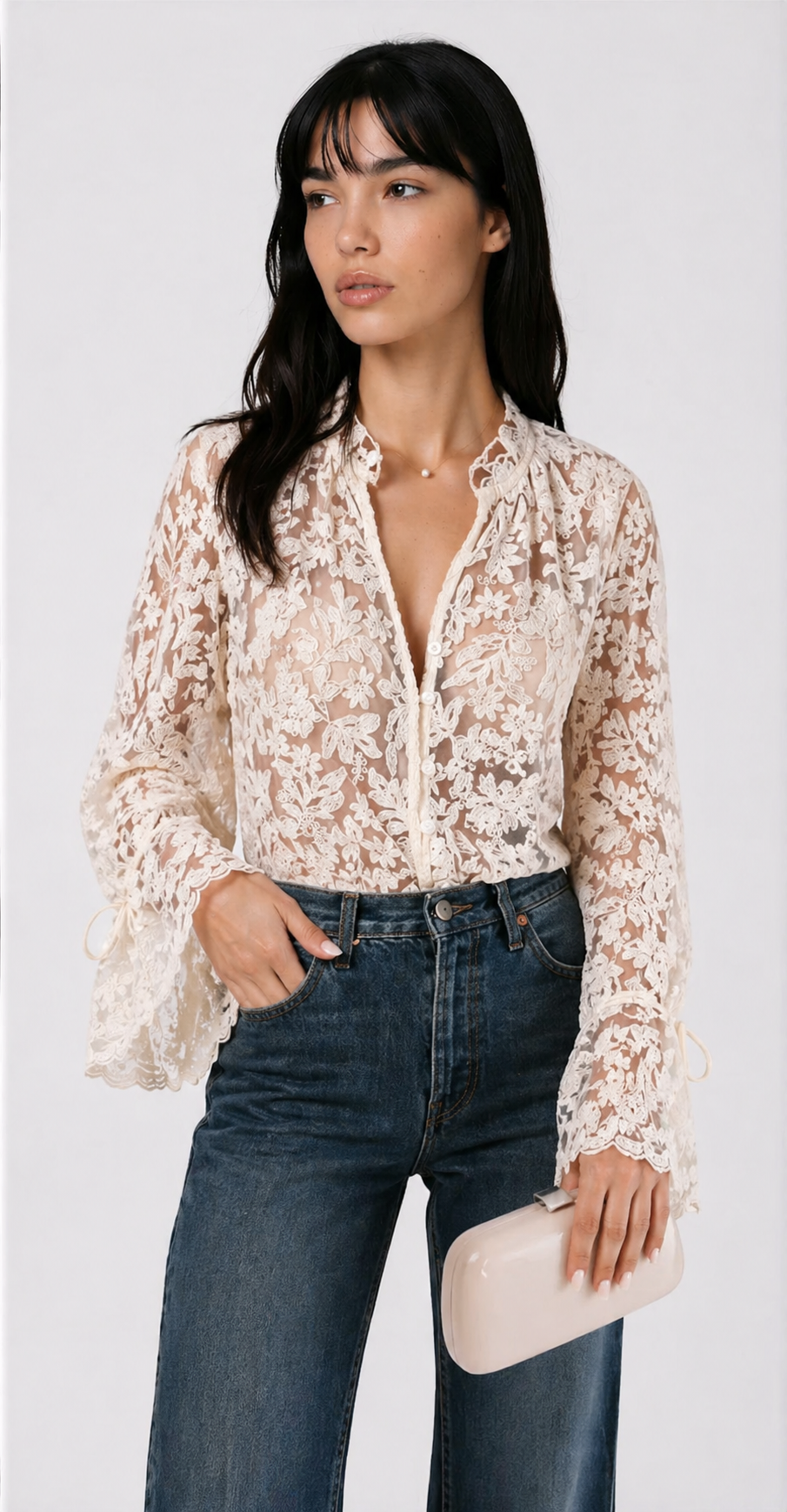 Dames Katoenen Kanten Blouse | Elegante Lange Mouwen met Ruches 0