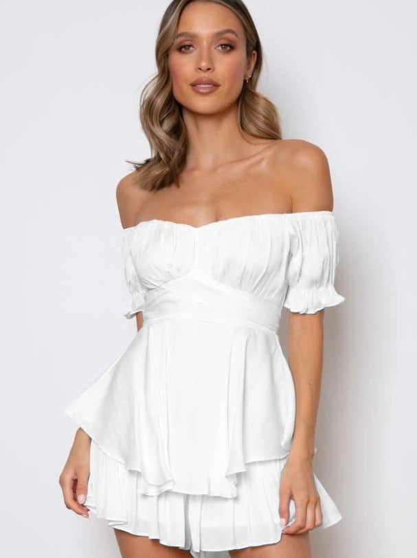 Dames Katoenen Zomerjurk | Elegante Off-Shoulder Minidress Met Gelaagde Volantrok 0