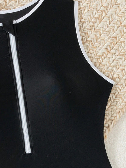Dames Kleurblok Badpak | Sportief Hoge Halslijn met Rits | Elegant en Comfortabel 6