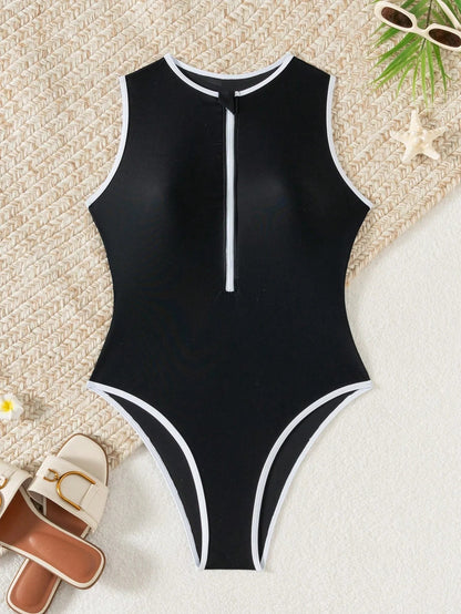Dames Kleurblok Badpak | Sportief Hoge Halslijn met Rits | Elegant en Comfortabel 7