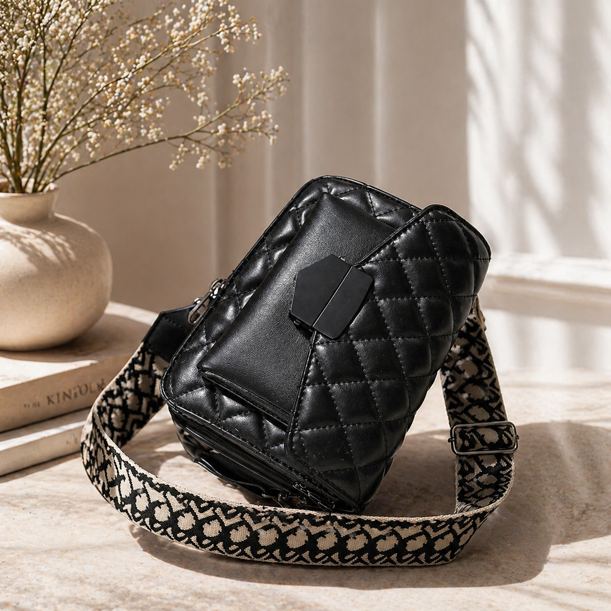 Dames Kunstleer Crossbody Tas | Zwarte Gewatteerde Schoudertas met Ruim Interieur 0