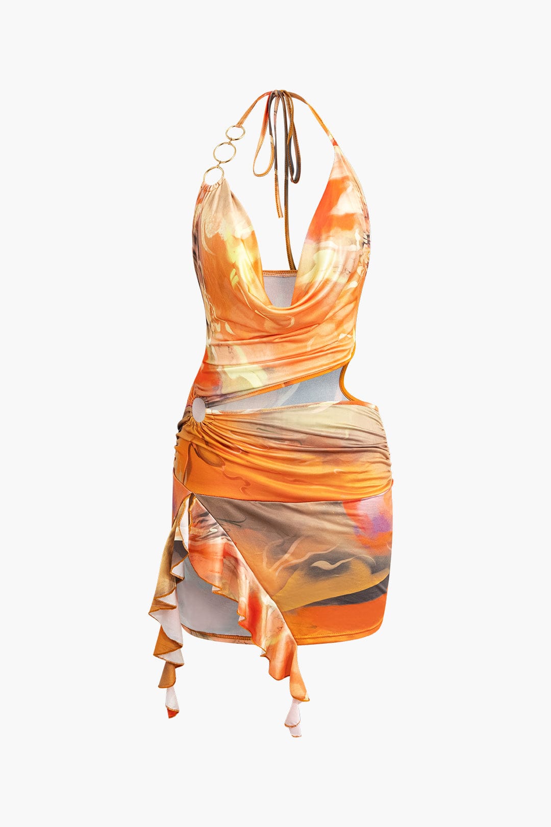 Dames Kunstprint Halter-Neck Mini-jurk | Unieke Asymmetrische Zijsplit voor Zomer Feestjes 0