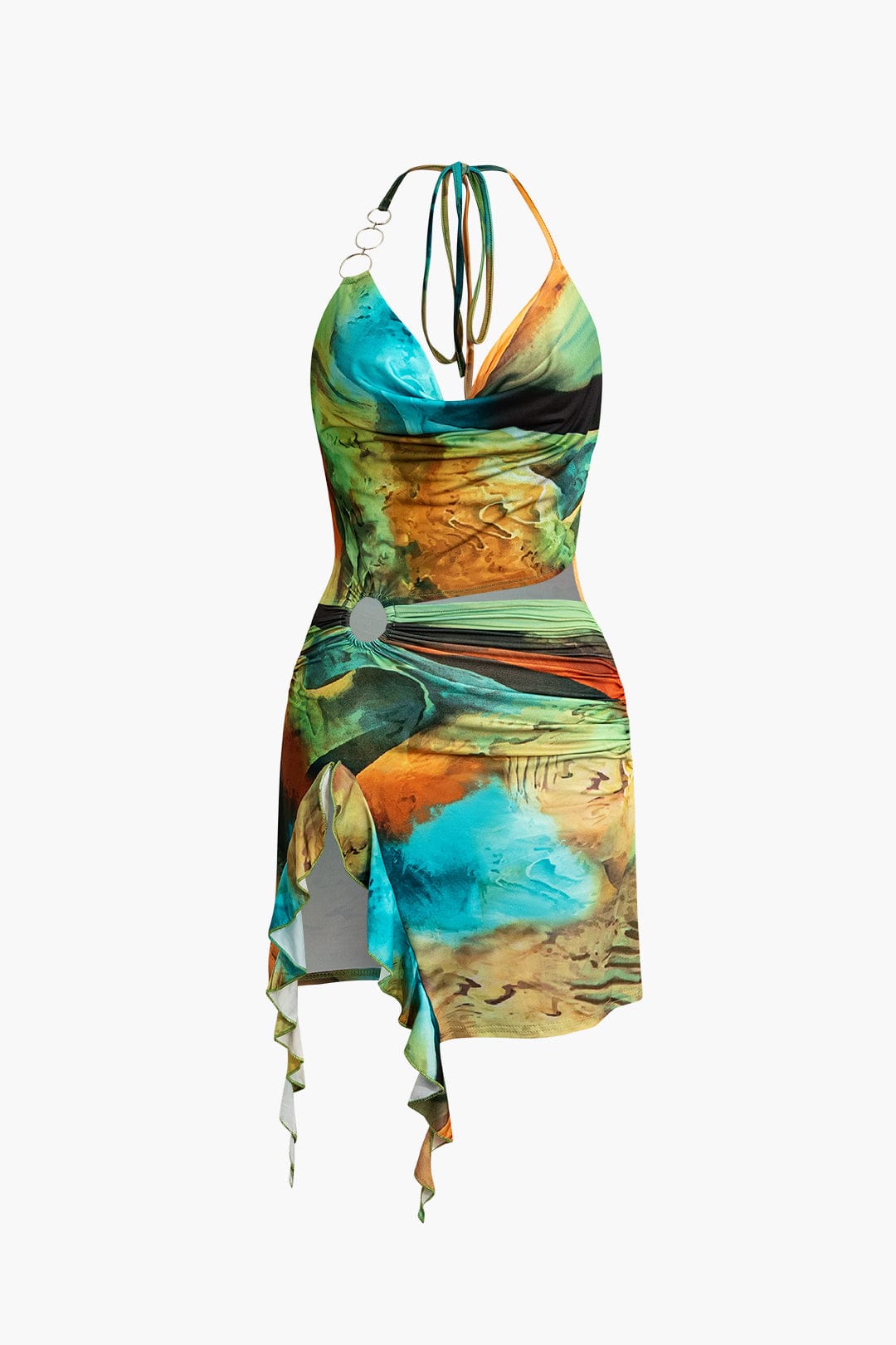 Dames Kunstprint Halter-Neck Mini-jurk | Unieke Asymmetrische Zijsplit voor Zomer Feestjes 5