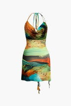 Dames Kunstprint Halter-Neck Mini-jurk | Unieke Asymmetrische Zijsplit voor Zomer Feestjes 6
