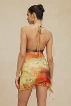 Dames Kunstprint Halter-Neck Mini-jurk | Unieke Asymmetrische Zijsplit voor Zomer Feestjes 8