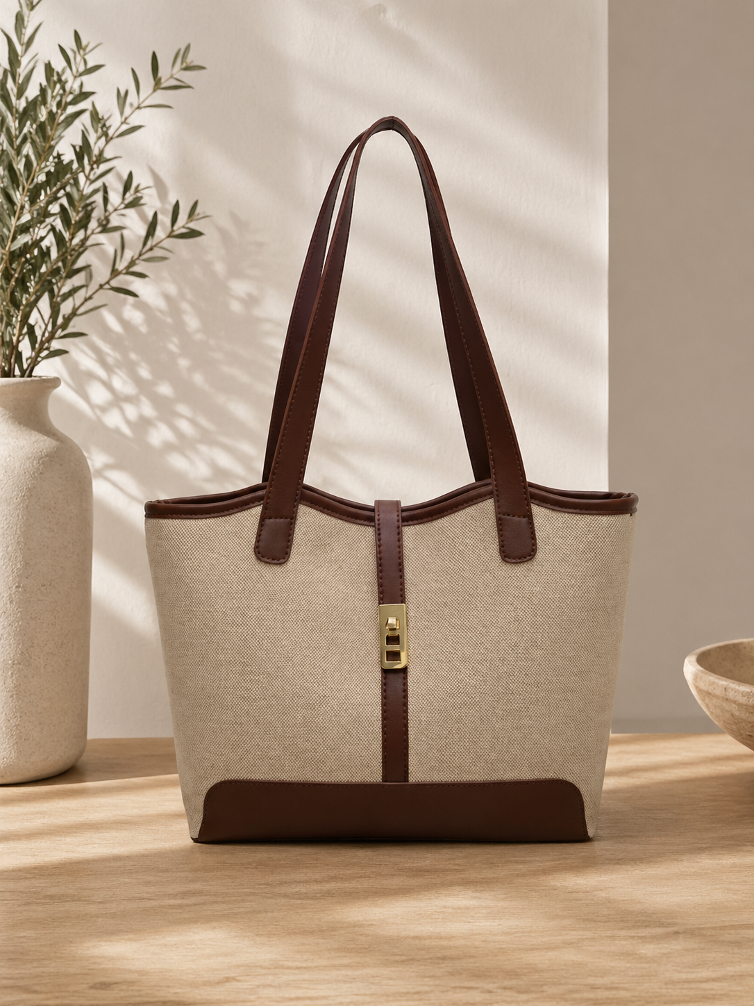 Dames Leren Schoudertas | Stijlvolle Beige Canvas Handtas met Kunstlederen Accenten 0