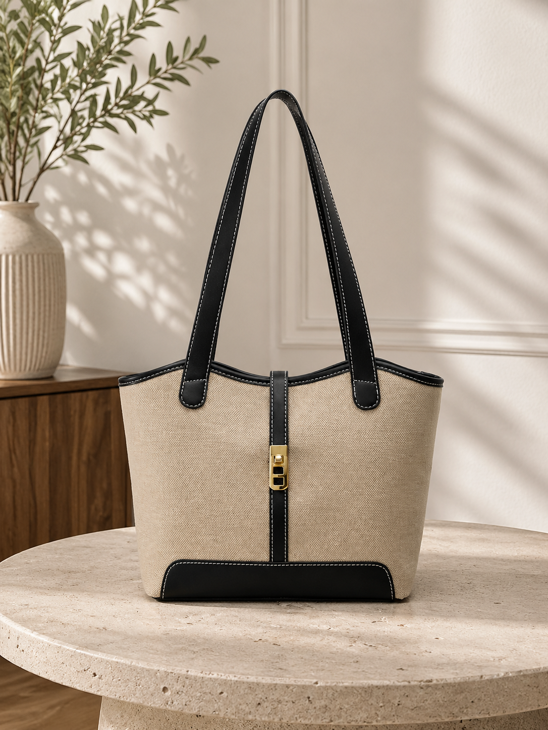 Dames Leren Schoudertas | Stijlvolle Beige Canvas Handtas met Kunstlederen Accenten 2