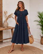 Dames Lichte Katoenen Jurk | Casual Elegante Halflange Dagjurk met Zakken 0