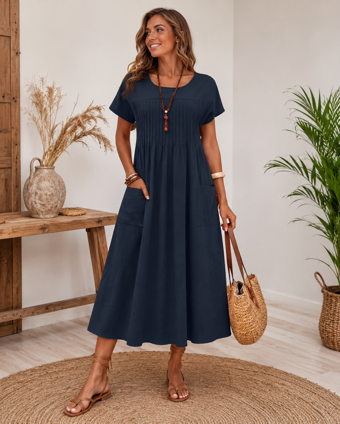 Dames Lichte Katoenen Jurk | Casual Elegante Halflange Dagjurk met Zakken 0