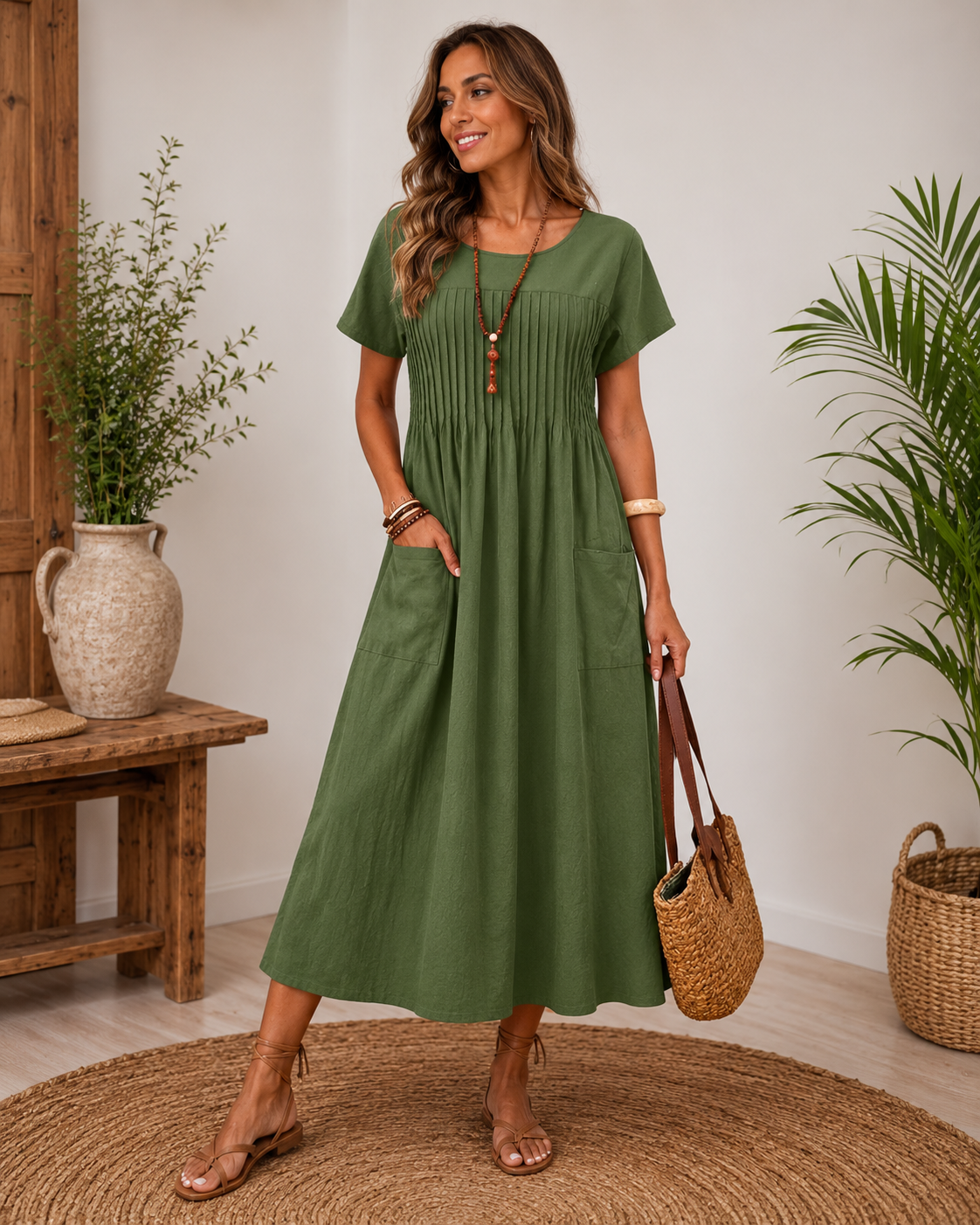Dames Lichte Katoenen Jurk | Casual Elegante Halflange Dagjurk met Zakken 1