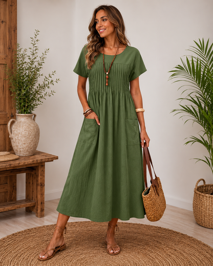 Dames Lichte Katoenen Jurk | Casual Elegante Halflange Dagjurk met Zakken 1