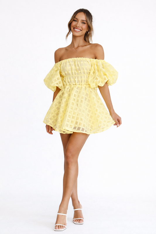 Dames Lichte Stof Zomerjurk | Romantisch Schouderloos Ruitpatroon Met Puffmouwen 0