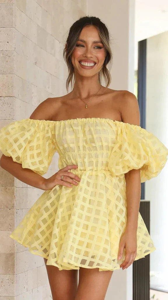 Dames Lichte Stof Zomerjurk | Romantisch Schouderloos Ruitpatroon Met Puffmouwen 1