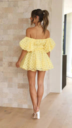 Dames Lichte Stof Zomerjurk | Romantisch Schouderloos Ruitpatroon Met Puffmouwen 2