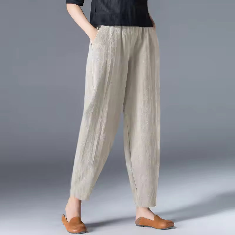 Dames Lichtgewicht Katoenen Broek | Comfortabele Relaxte Zomerbroek Met Elastische Band 0