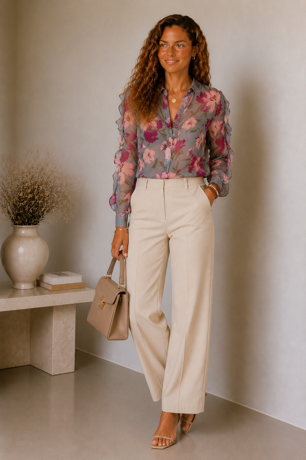 Dames Luchtige Bloemenprint Blouse | Elegante Transparante Mouwen Top 0