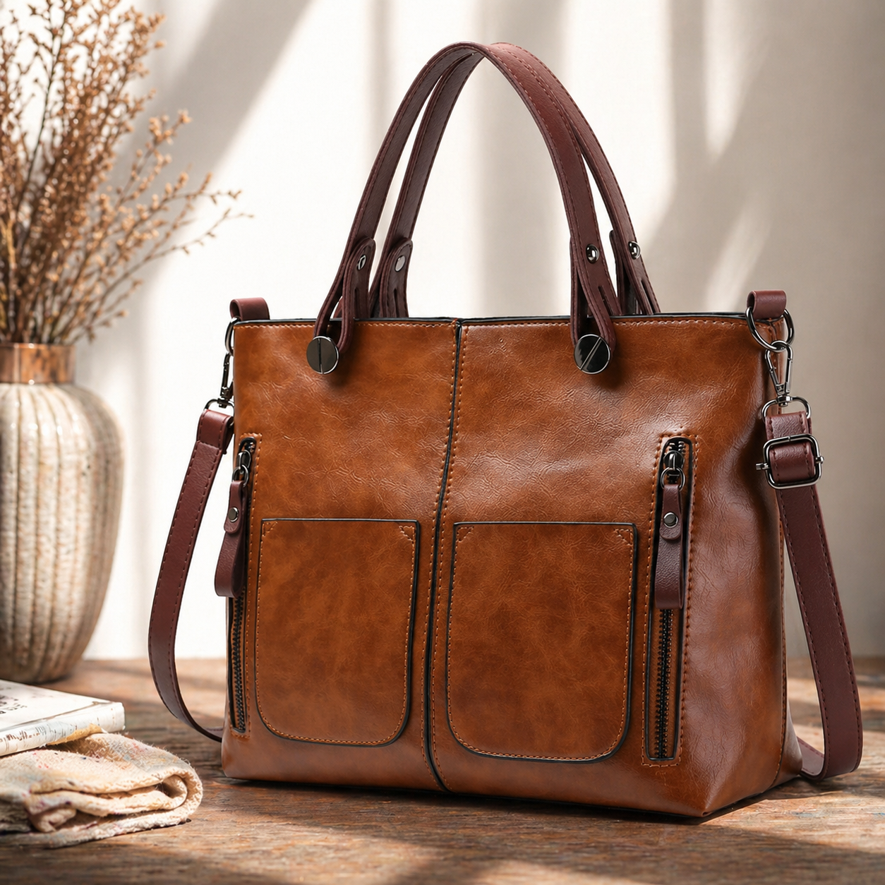 Dames PU Leer Handtas | Stijlvol Vintage Design met Ruim Hoofdvak 0