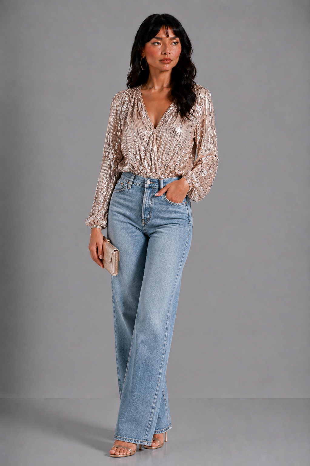 Dames Pailletten Blouse | Luxe V-Hals Top met Ballonmouwen voor Feestelijke Gelegenheden 0