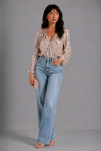 Dames Pailletten Blouse | Luxe V-Hals Top met Ballonmouwen voor Feestelijke Gelegenheden 0
