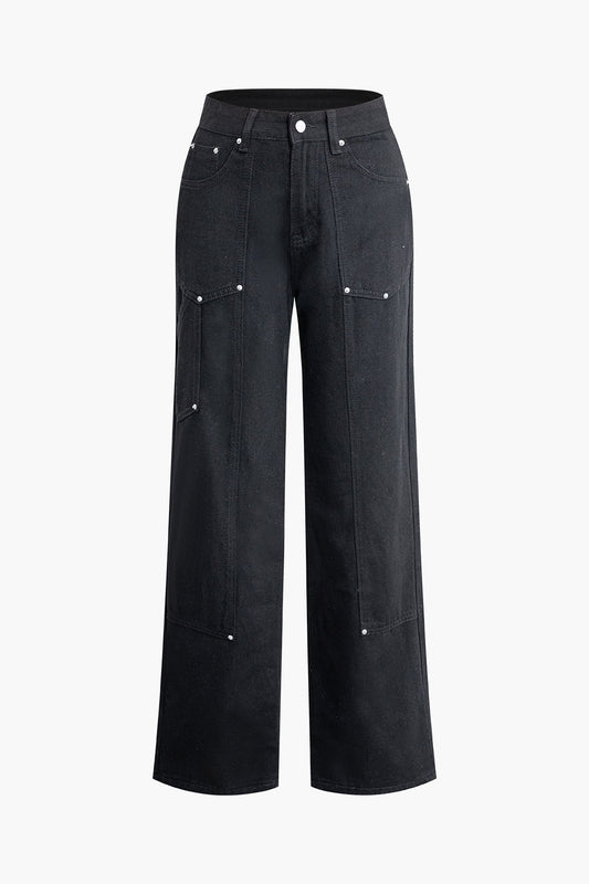 Dames Premium Denim Spijkerbroek | Comfortabele Wijdere Pasvorm met Utility Zakdetails 0
