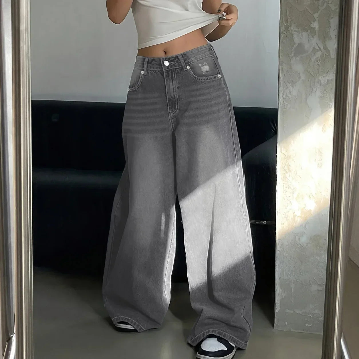 Dames Stevig Denim Baggy Wide Leg Jeans | Comfortabele Hoge Taille Spijkerbroek voor Voorjaar en Zomer 4