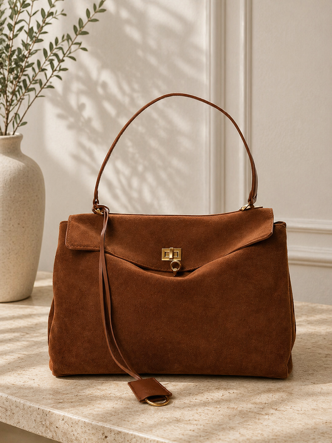 Dames Suède Handtas | Elegante Bruine Handtas met Gouden Details | Praktisch en Luxe Accessoire 1