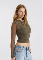 Dames Transparante Mesh Top | Verleidelijk Kruislings Design met Ruches 0